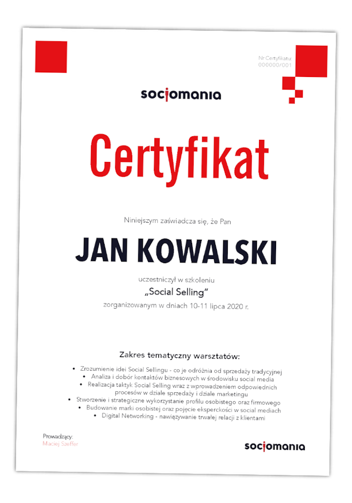 Maciej Szeffer, Socjomania - kurs online Social Selling - certyfikat